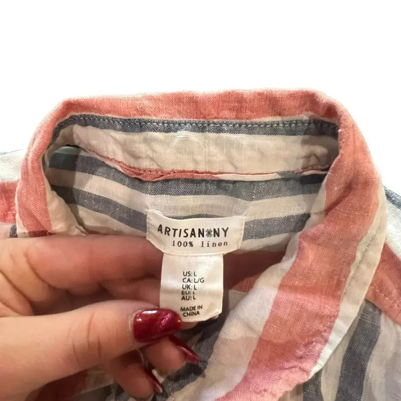 Artisan NY Women's‎ Large 100% Linen Striped Collared Long Sleeve T-Shirt Dress - Picture 2 of 3